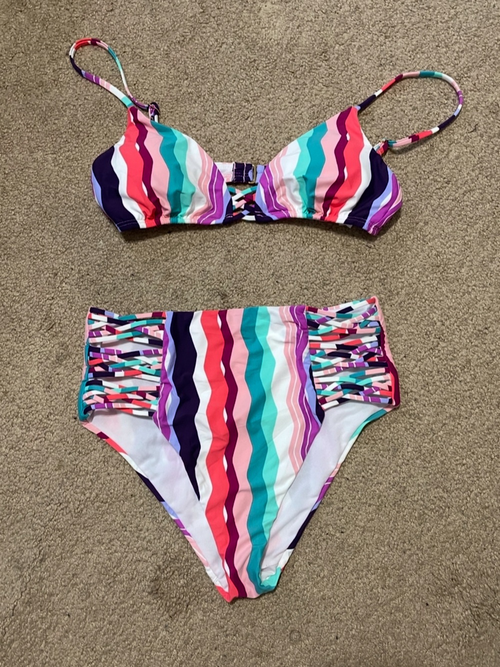 Bar III Pink, Purple‎ and Teal Striped Swimwear Set size Small